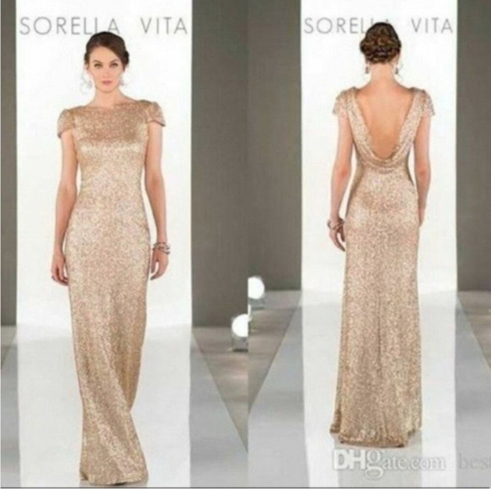 Sorella Vita Shimmering Sequin Rose Gold Cowl Back Dress
